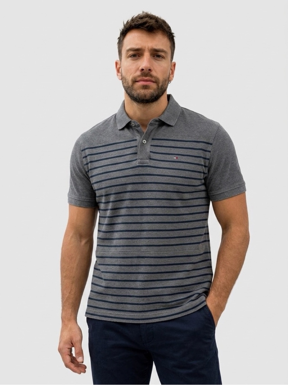 Tommy Hilfiger Grey Polo with Navy Stripes